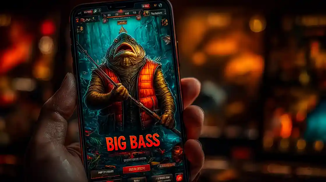 A close-up of a hand holding a smartphone showcasing a BIG BASS fishing game, featuring an anthropomorphic fish character, highlighting the engaging casual games on bd777.