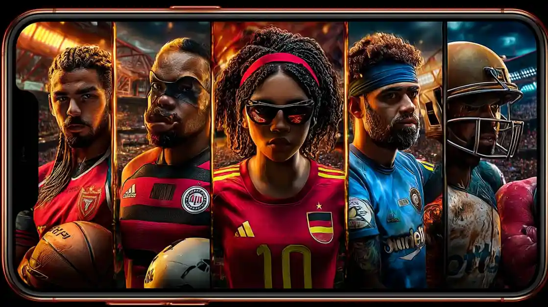 A smartphone screen displays a powerful collage of diverse male and female athletes from various sports, including football and soccer, representing the comprehensive sports betting options at bd777.