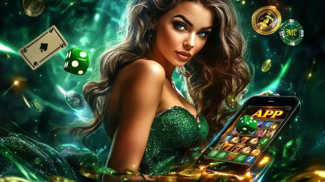 An enchanting woman with flowing hair, adorned in green, gazes captivatingly, surrounded by floating cards, dice, and coins, alongside a smartphone featuring the bd777 gaming app.
