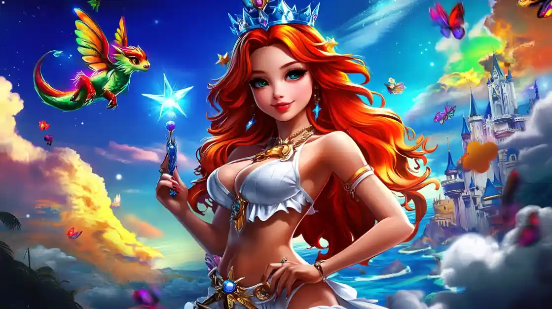 A vibrant fantasy scene featuring a beautiful princess with fiery red hair and a crown, holding a magic wand, with a small winged dragon and a fairytale castle in the background, embodying the magical world of bd777.