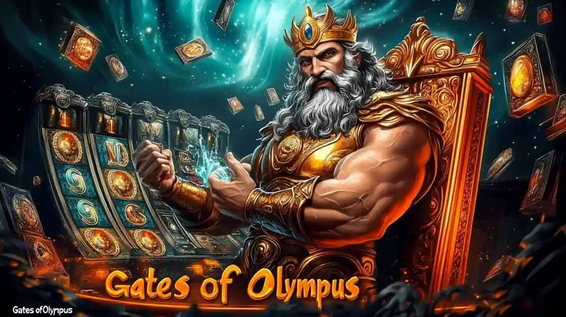 A majestic Zeus figure on a golden throne, surrounded by floating cards and a bd777 slot machine, with Gates of Olympus prominently displayed, inviting players to a mythical gaming experience.