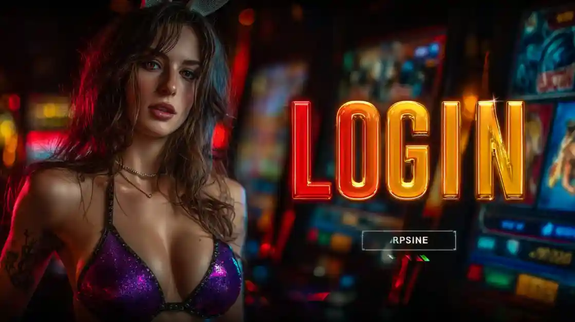 A captivating woman in a shimmering top stands beside a prominent LOGIN interface, with bd777 slot machines softly blurred in the background, inviting users to enter the world of bd777.