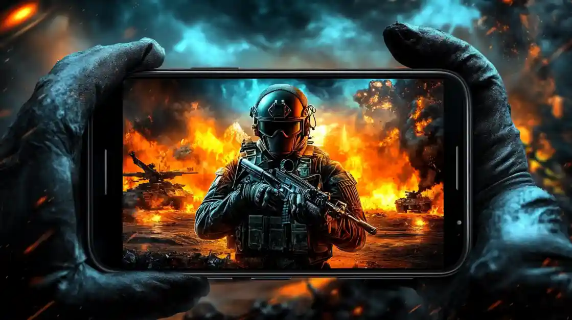 Hands holding a smartphone displaying an intense military shooter game with a soldier amidst explosions and tanks, showcasing the immersive action available on bd777.