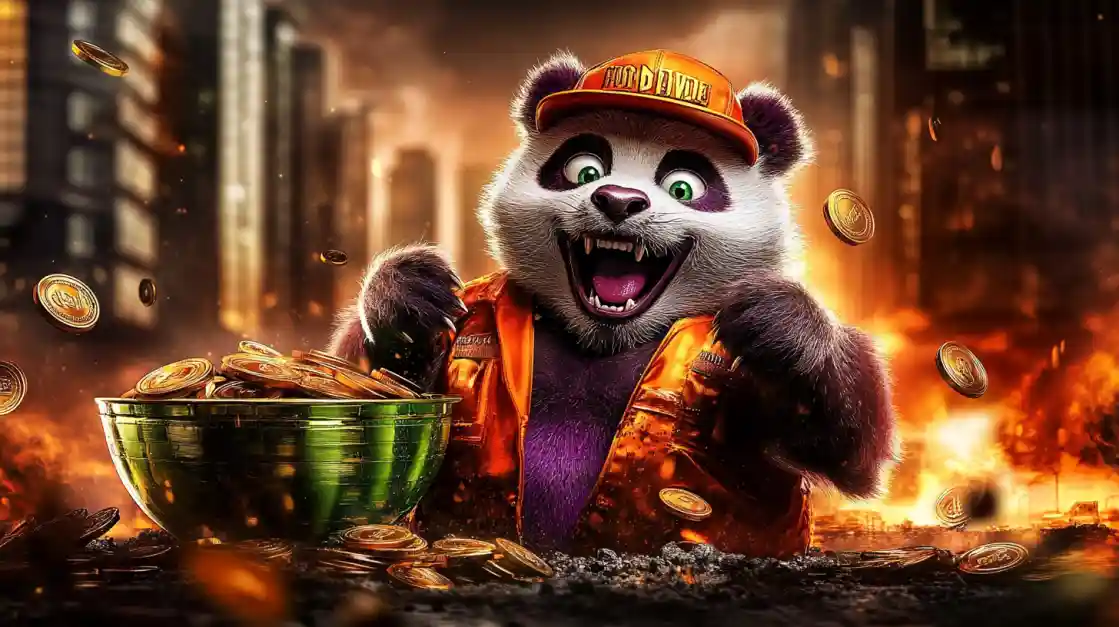 A cheerful panda character wearing an orange cap and jacket, surrounded by golden coins and a bowl of money, symbolizing wealth and good fortune with bd777.