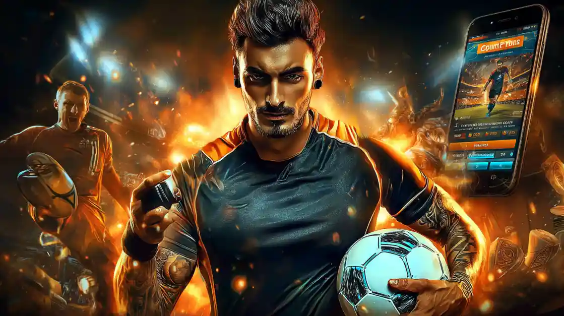 An intense male soccer player with tattoos holds a football, looking confidently at the camera with a bd777 sports betting app on a phone beside him, all set against a fiery action background.
