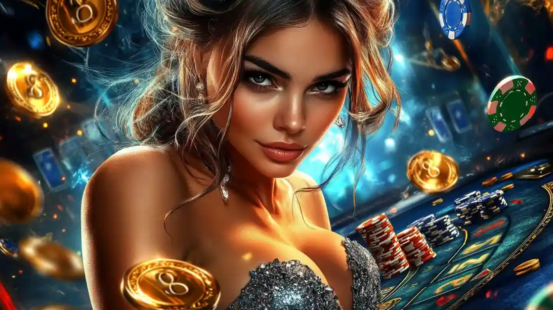 A beautiful woman in a glittering dress gives a captivating look while at a bd777 casino table, surrounded by floating gold coins, casino chips, and a roulette wheel.