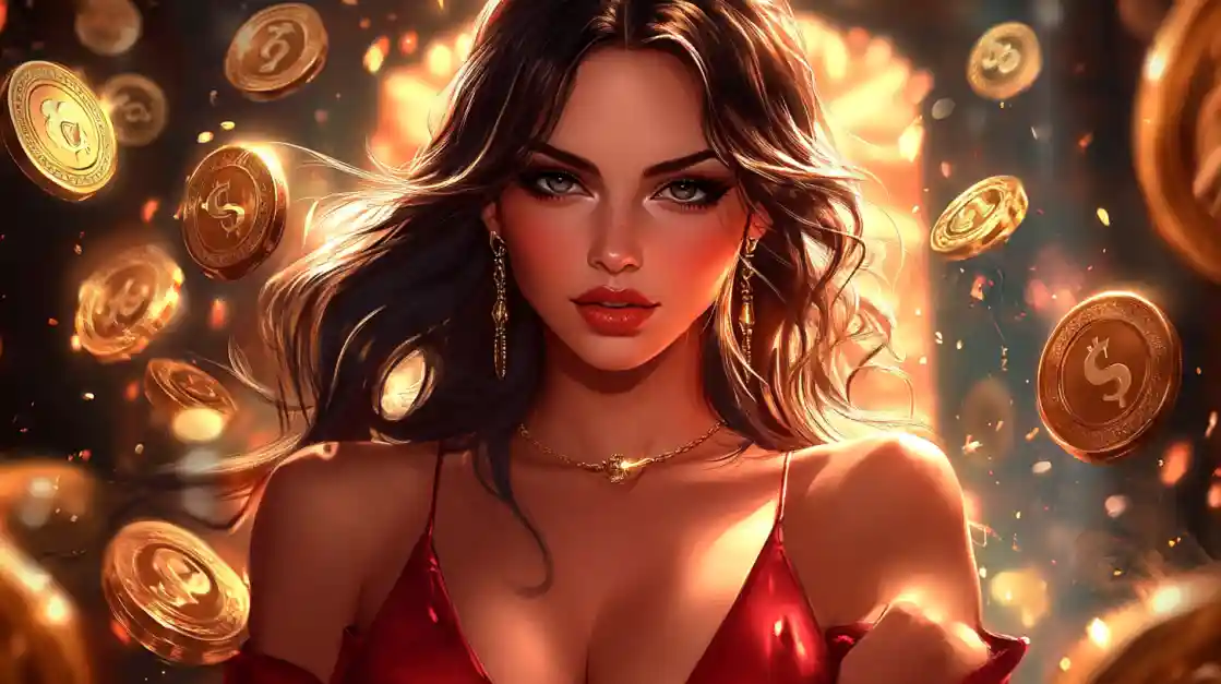 A stunning woman in a red dress, adorned with delicate jewelry, looks directly at the viewer as a shower of golden bd777 coins rains down around her, symbolizing big wins.