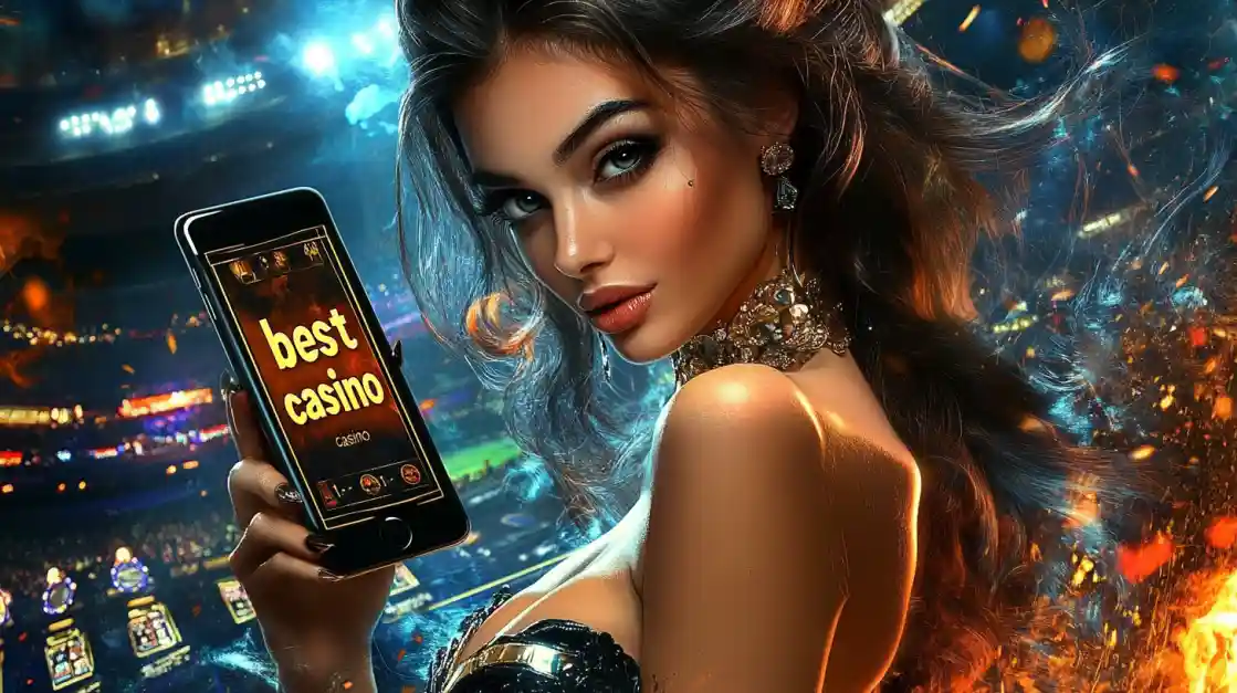 An alluring woman holds a smartphone with the best casino app from bd777 glowing on the screen, set against the backdrop of a brightly lit stadium and ambient flames.