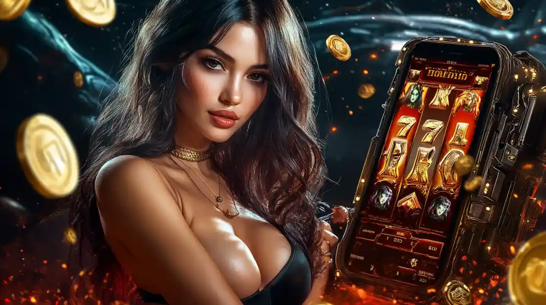 A beautiful woman in a black top looks confidently at the viewer while holding a smartphone displaying a bd777 mobile slot game with 777 symbols and golden coins.