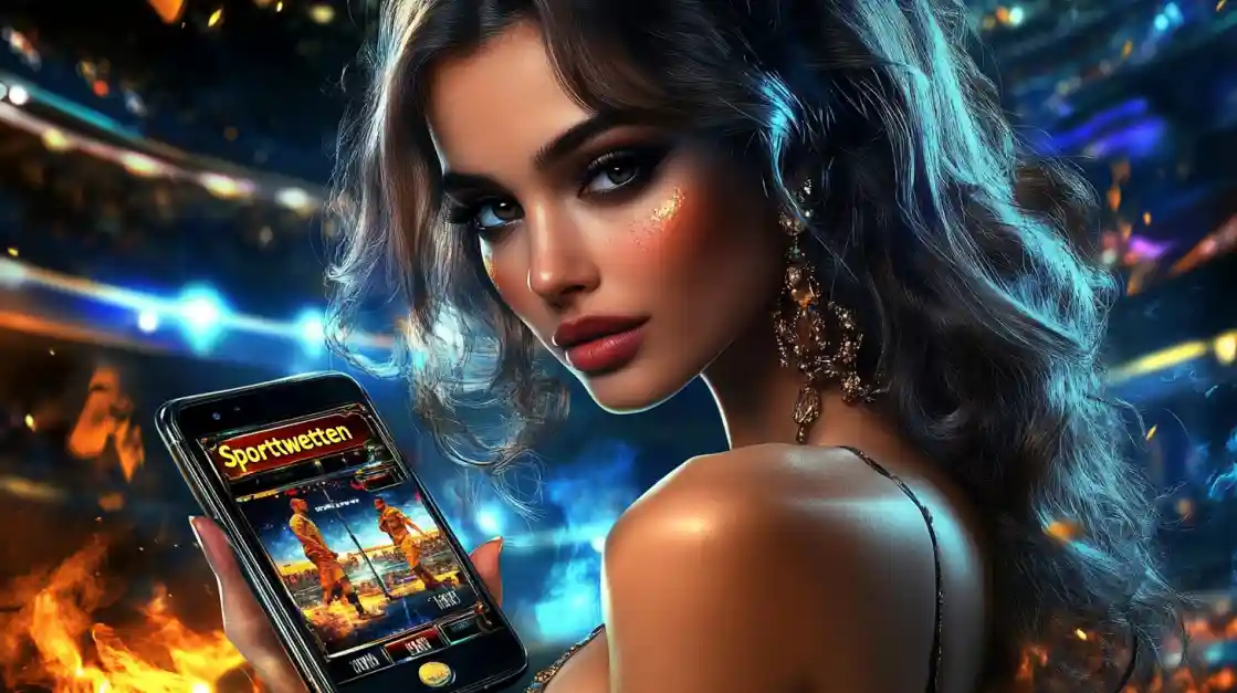 A glamorous woman with elegant makeup looks over her shoulder, holding a smartphone displaying the bd777 sports betting app against a vibrant stadium backdrop with fire effects.